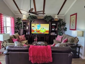 Una Smart TV, una chimenea, un reproductor de DVD