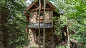 Une cabane en rondins avec une façade en pierre, entourée d’une forêt dense.