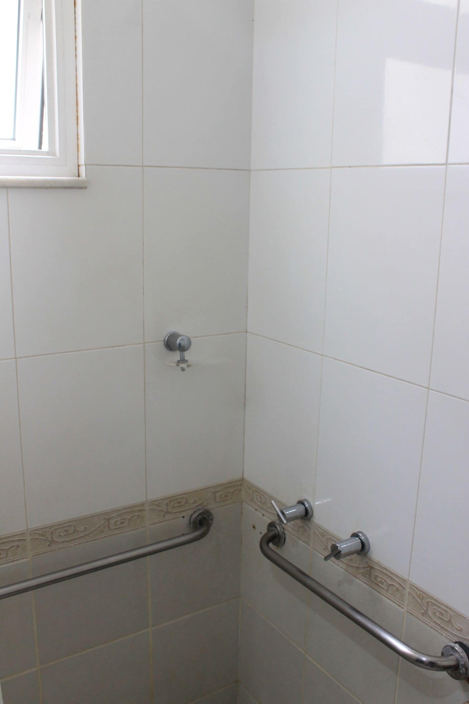 A bathroom with white tiles, a window, and a handrail.