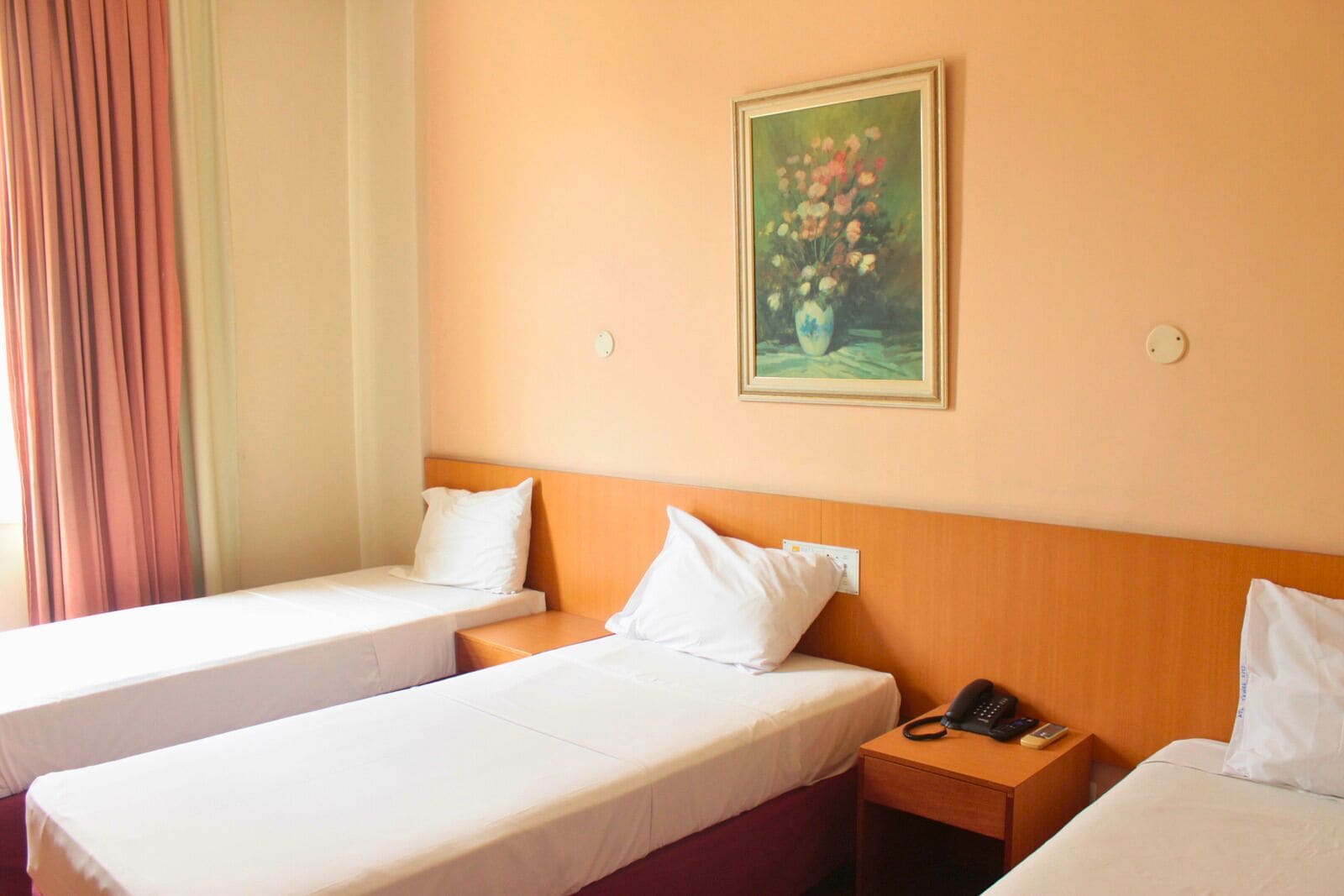 Une chambre d’hôtel avec deux lits simples, une tête de lit en bois, une table de chevet avec un téléphone et un tableau au mur.