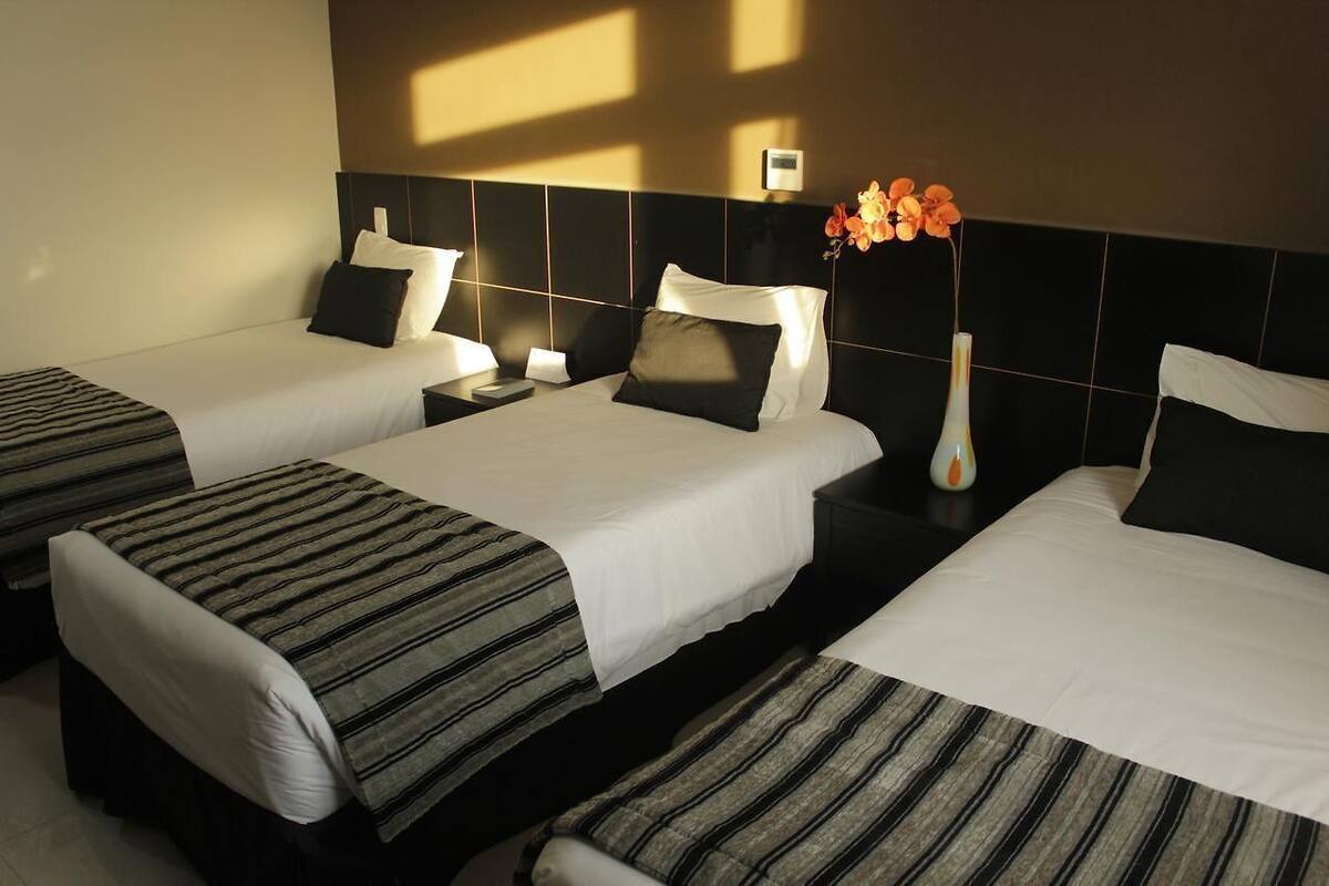 Een hotelkamer met twee eenpersoonsbedden, een nachtkastje met een lamp en een vaas met bloemen.