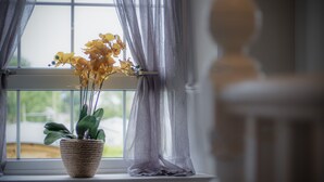 A window with a potted plant and sheer curtains.