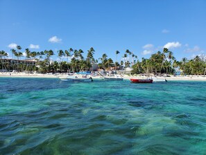 A beach with clear turquoise water, palm trees, and boats.