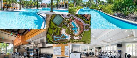 Un área de piscina con varias piscinas, un bar y un gimnasio.