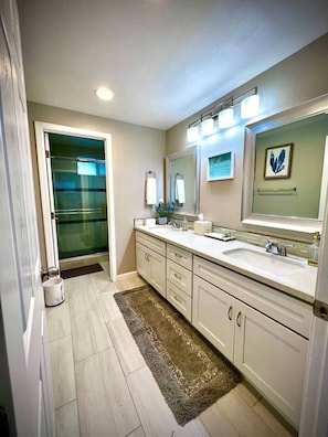 Combined shower/tub, hair dryer