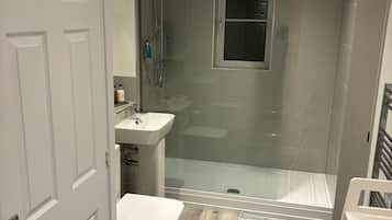 Combined shower/tub, hair dryer, towels, soap