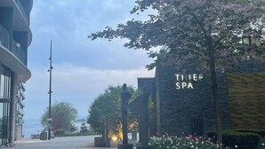 Entrada de un spa con fachada de piedra y un letrero.