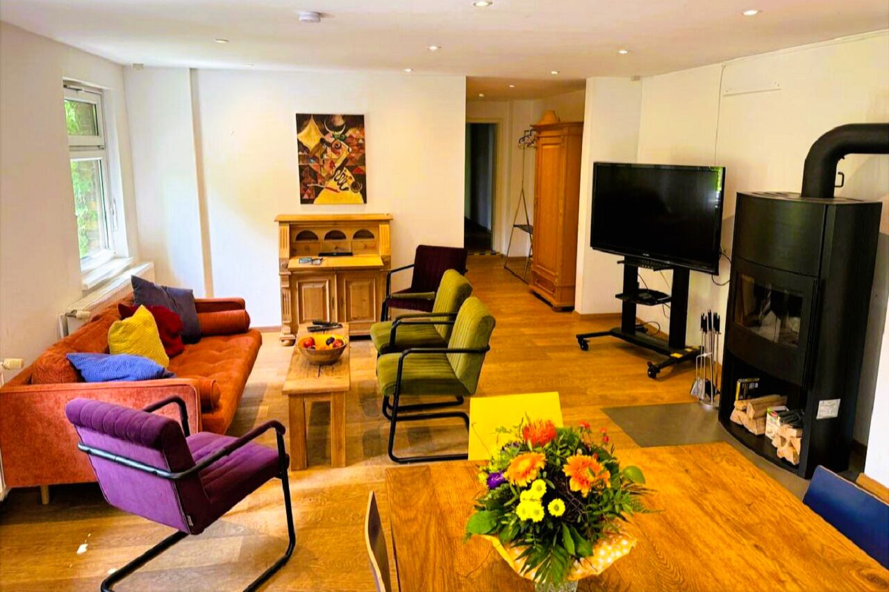 Télévision, cheminée, lecteur de DVD, table de tennis de table