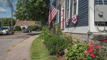 A residential house with a front yard, a mailbox, and an American flag.
