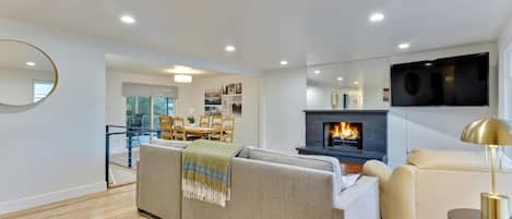 Smart TV, fireplace, video games, DVD player