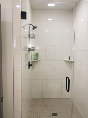 Chuveiro, secador de cabelo, toalhas de banho, sabonete