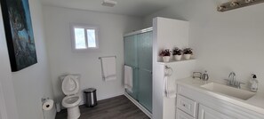 A bathroom with a toilet, a sink, a shower, and a window.
