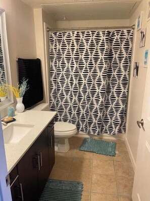 シャワー付き浴槽、ヘアドライヤー、タオル、トイレットペーパー