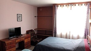 Un dormitorio con una cama, un escritorio con televisor, una silla y un armario.