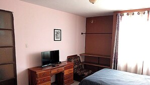 Un dormitorio con cama, escritorio con televisor, una silla y un armario.