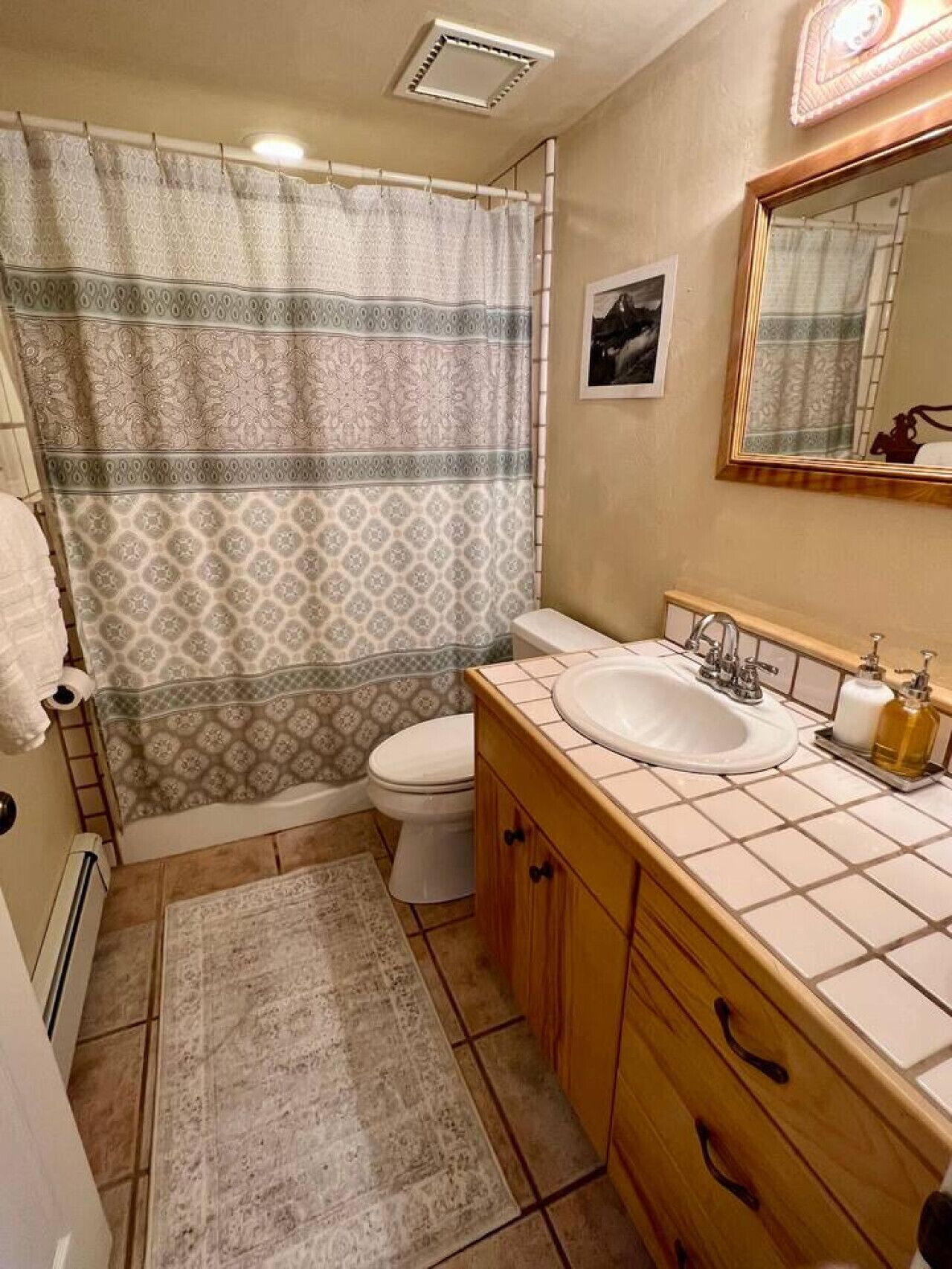 Une salle de bain avec un rideau de douche à motifs, des toilettes, un lavabo avec un miroir et des meubles en bois.