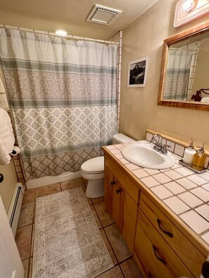 Combined shower/bathtub, hair dryer, towels, soap