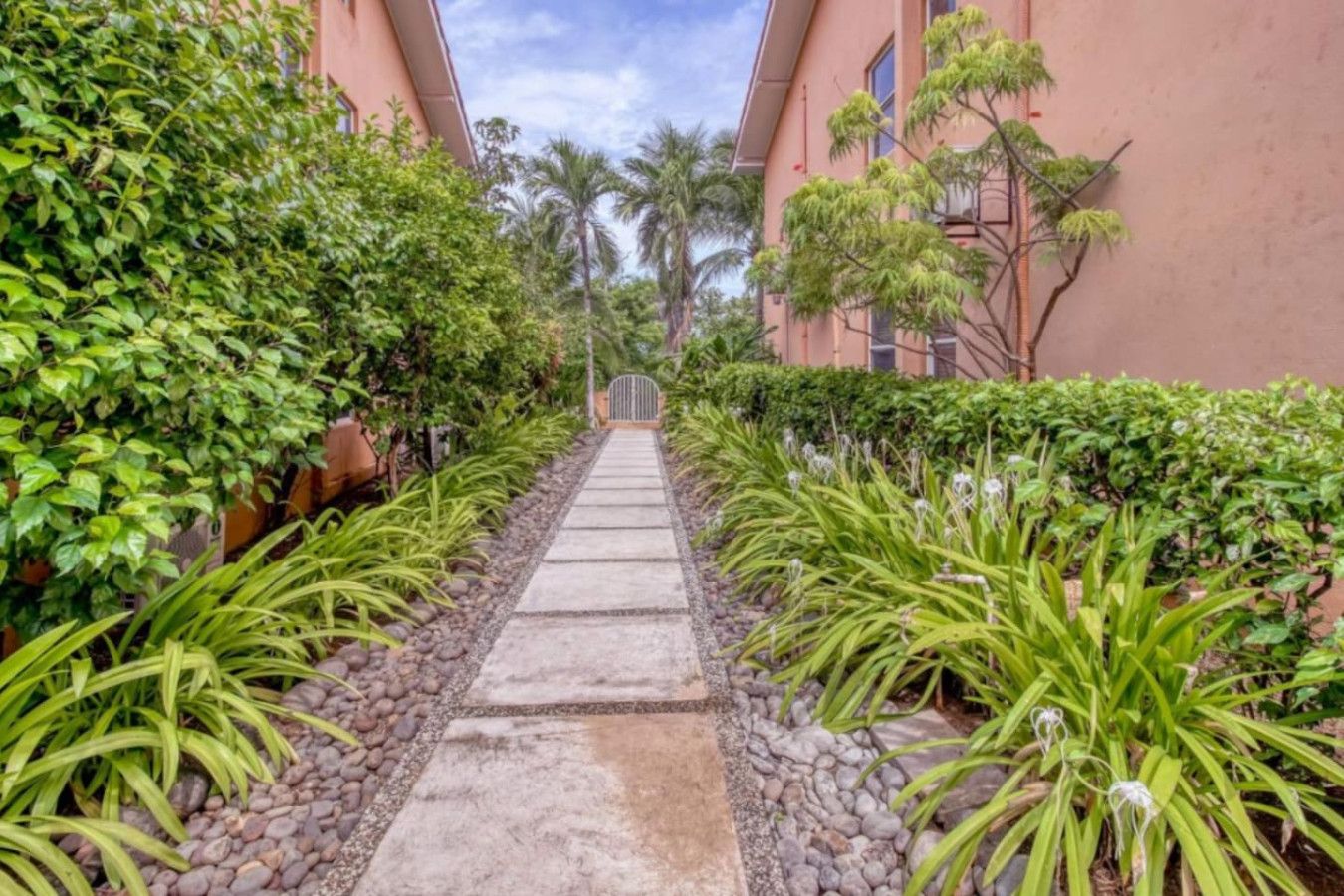 Un chemin bordé d’une végétation luxuriante et un bâtiment à la façade incurvée.