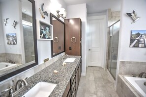 Combined shower/tub, shampoo, toilet paper