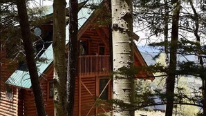Une cabane en bois dotée d’un balcon, entourée d’arbres.