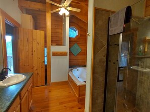 Combined shower/bathtub, jetted bath, hair dryer, towels - Ski-in Ski-Out Log Home - Right on Headin' Home Ski Run/Bike Tr w/ Hot Tub (Angel Fire)