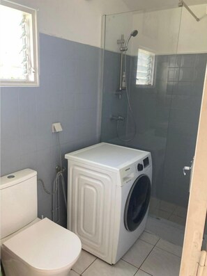 Shower, hair dryer, towels, toilet paper