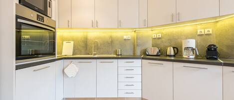 Fridge, microwave, oven, dishwasher