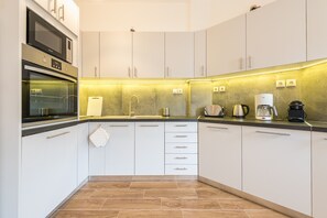 Fridge, microwave, oven, dishwasher