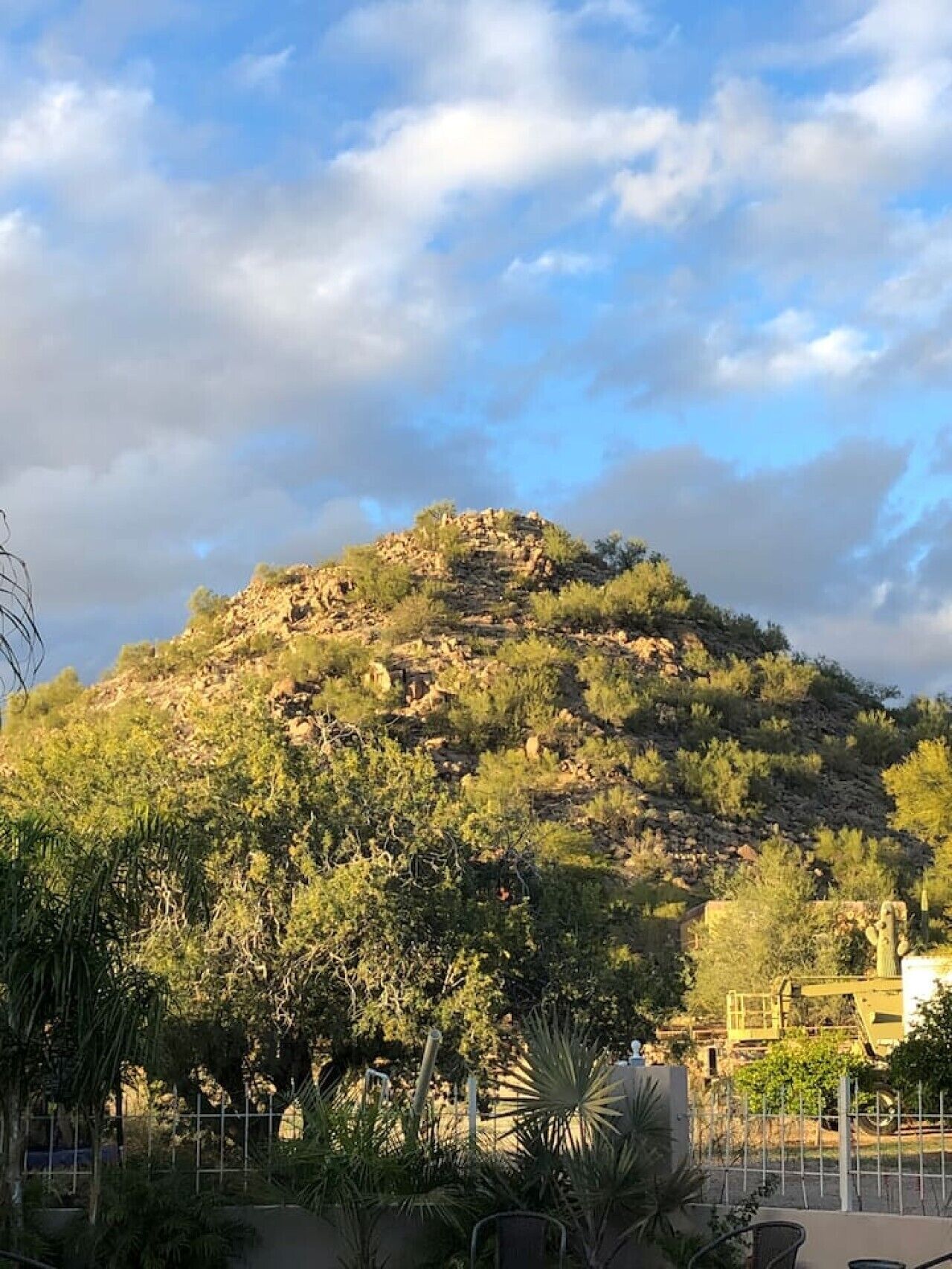 Ein Hügel mit spärlicher Vegetation und blauem Himmel.