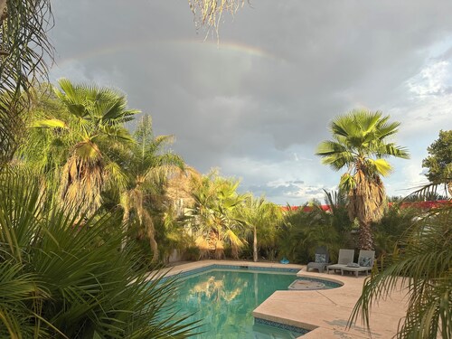 Private 2.5-Acre Retreat with Lush Palms, Pool, Play Train & Tortoises