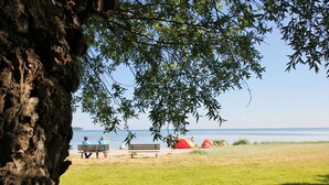 Eine Rasenfläche mit Bank und Baum, ein Gewässer und eine entfernte Ansicht eines Strandes mit Zelten.