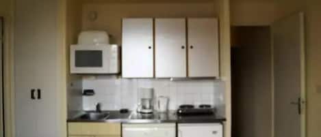 Fridge, microwave, dishwasher, cookware/dishes/utensils