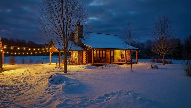 A log cabin with a porch and string lights, surrounded by snow. - Bison Acres Close to Crystal Mt with Hot Tub (Beulah)
