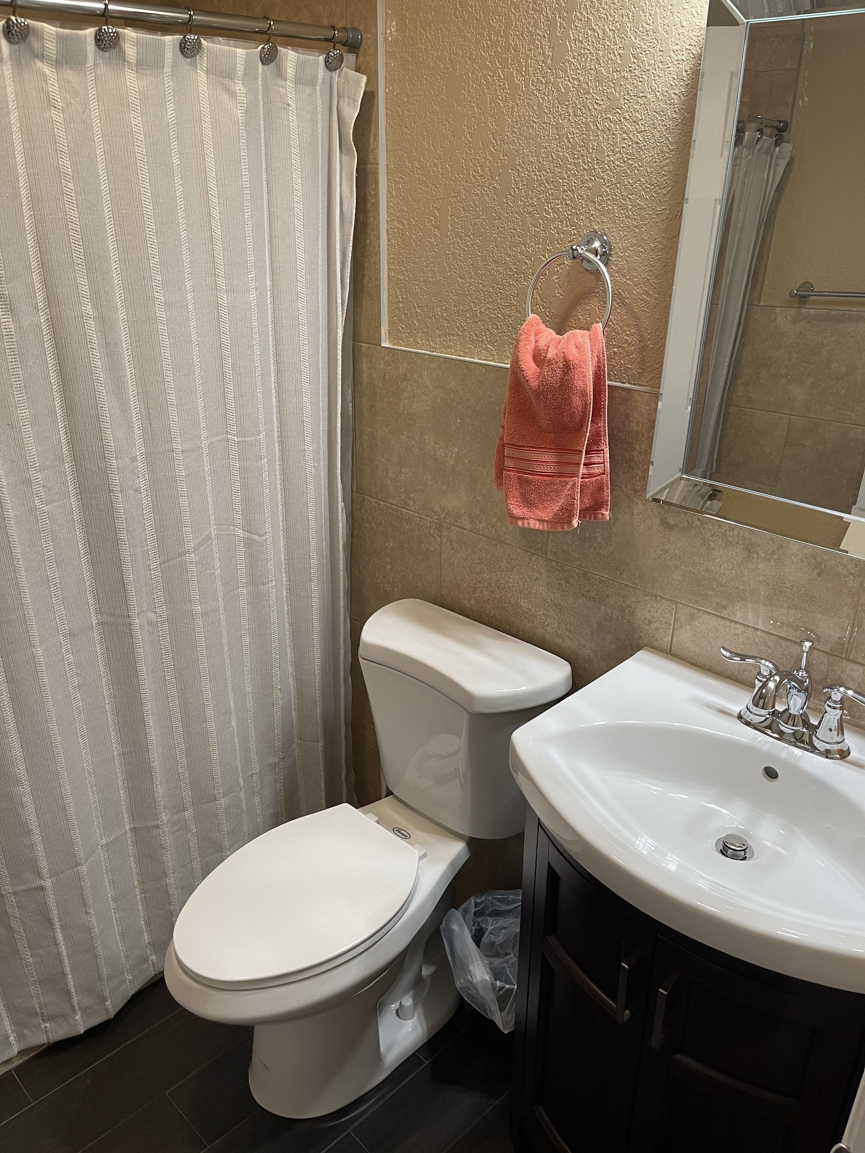 A bathroom with a toilet, sink, and shower curtain.