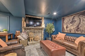Smart TV, fireplace, books
