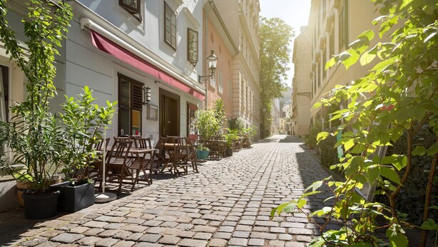 Una calle adoquinada con mesas al aire libre y plantas en macetas.