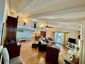 Smart TV, chimenea, reproductor de DVD, libros