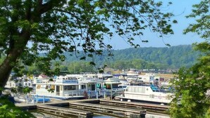 A marina with several boats docked, surrounded by trees and hills in the background. - The "Lily Pad" Boatel Houseboat (Sabula)