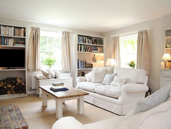 Älytelevisio, takka, kirjoja