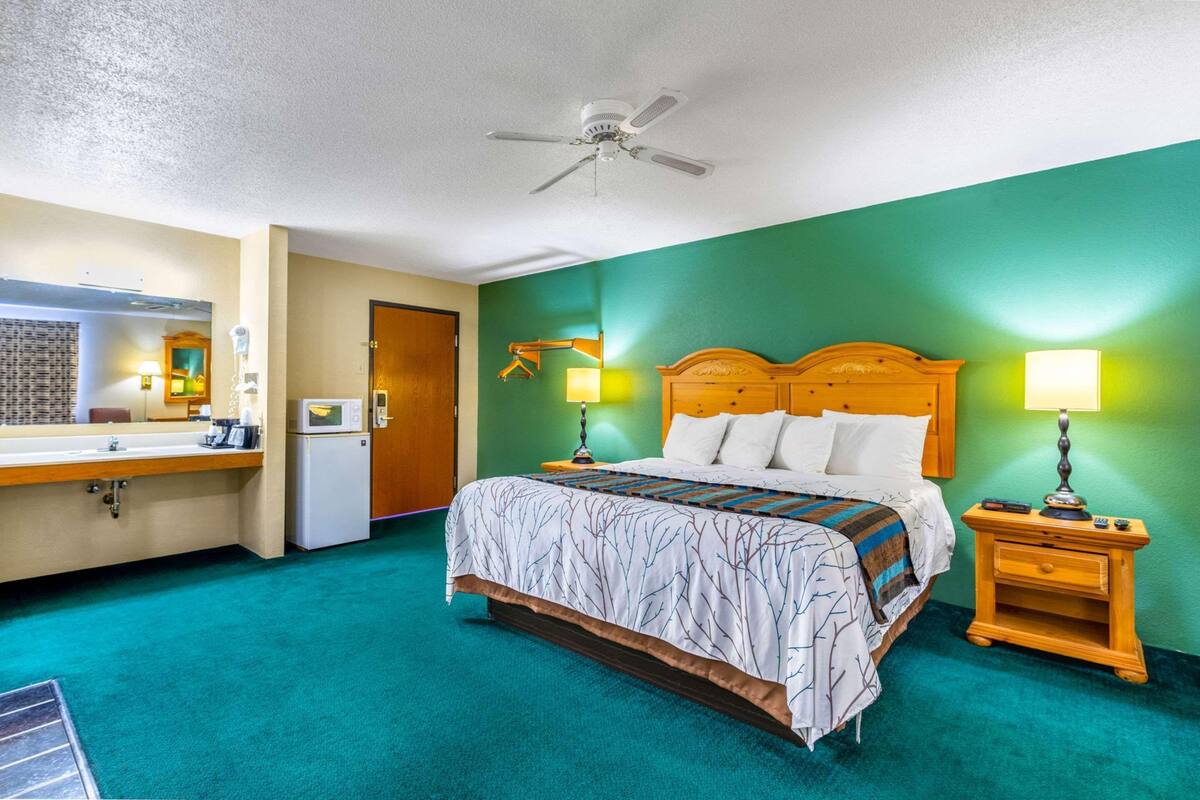Une chambre d’hôtel avec un lit, un bureau, un miroir, un ventilateur de plafond et un mur vert.