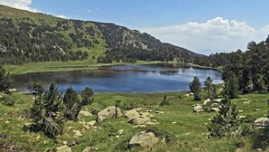 Un paisaje sereno con un lago, colinas ondulantes y árboles dispersos.