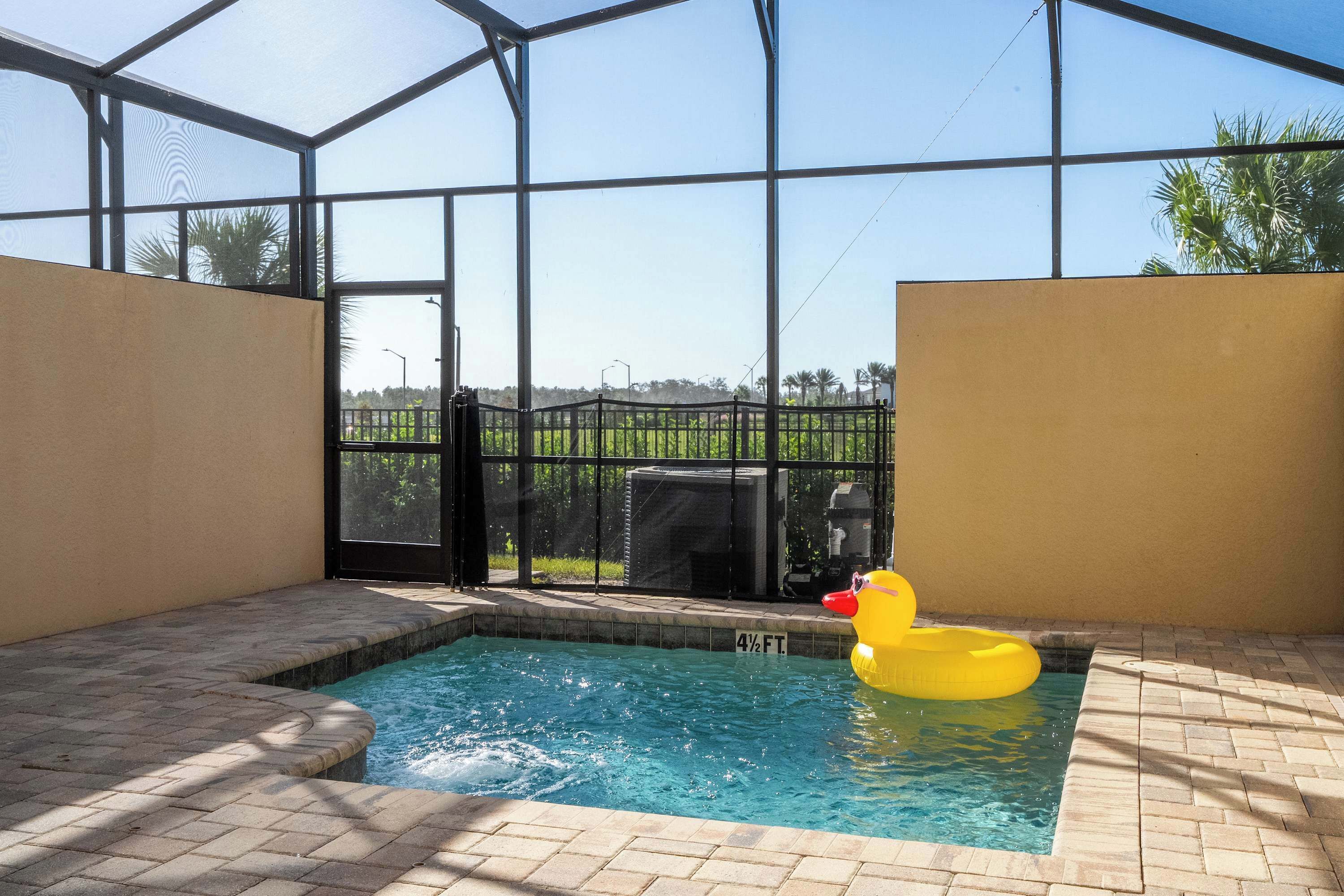 Una piscina con un patito de goma, rodeada por un recinto de vidrio y un patio de ladrillo.