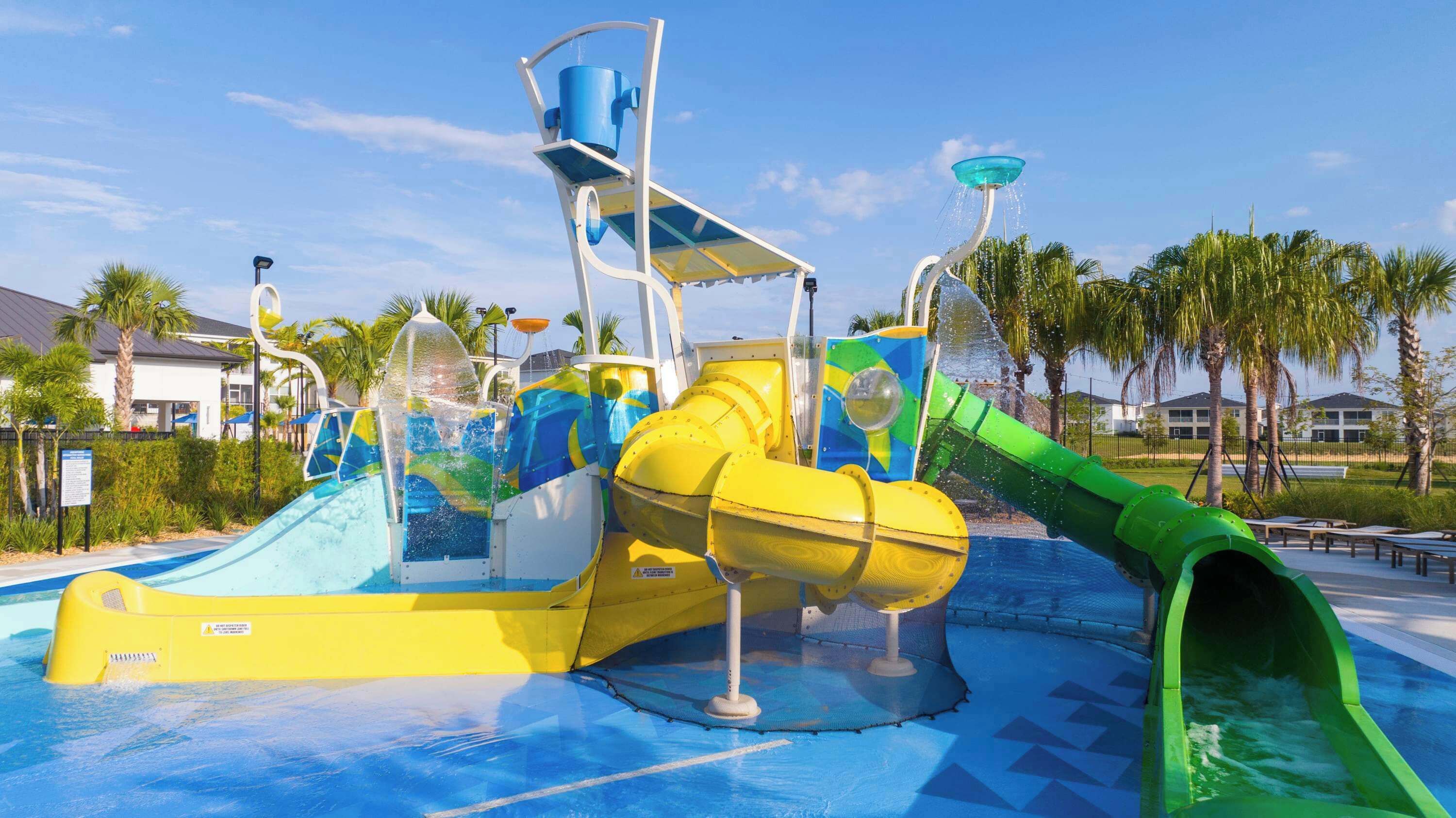 A water park with multiple slides and water features.