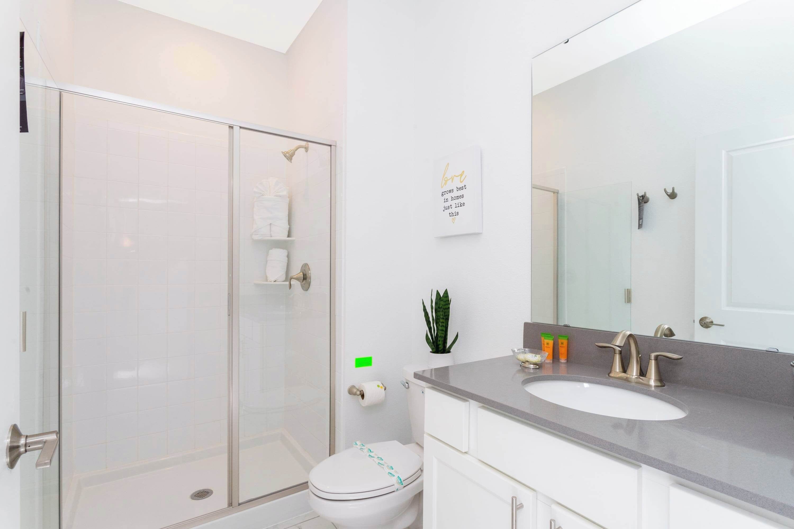 A modern bathroom with a glass shower enclosure, a white toilet, a sink with a mirror, and a small potted plant.