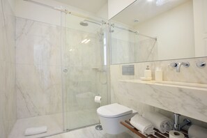 Shower, hair dryer, towels