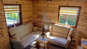 A cozy cabin interior with a sofa, armchair, ottoman, and a small table.