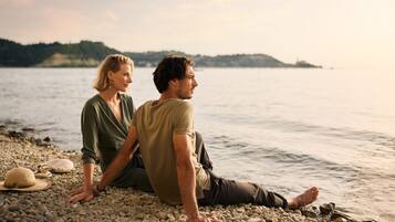 Beach nearby, sun loungers, beach umbrellas, beach bar