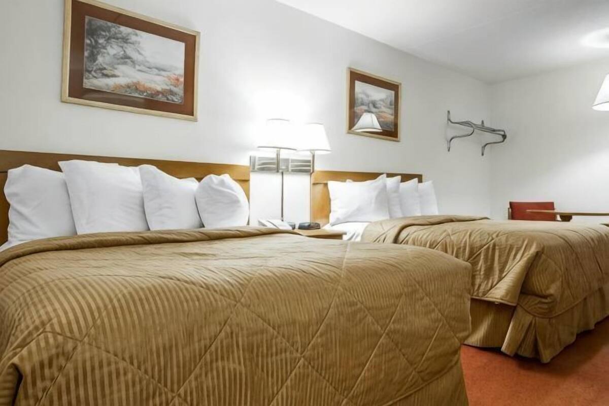 A hotel room with two beds, a nightstand, a lamp, and artwork on the walls.