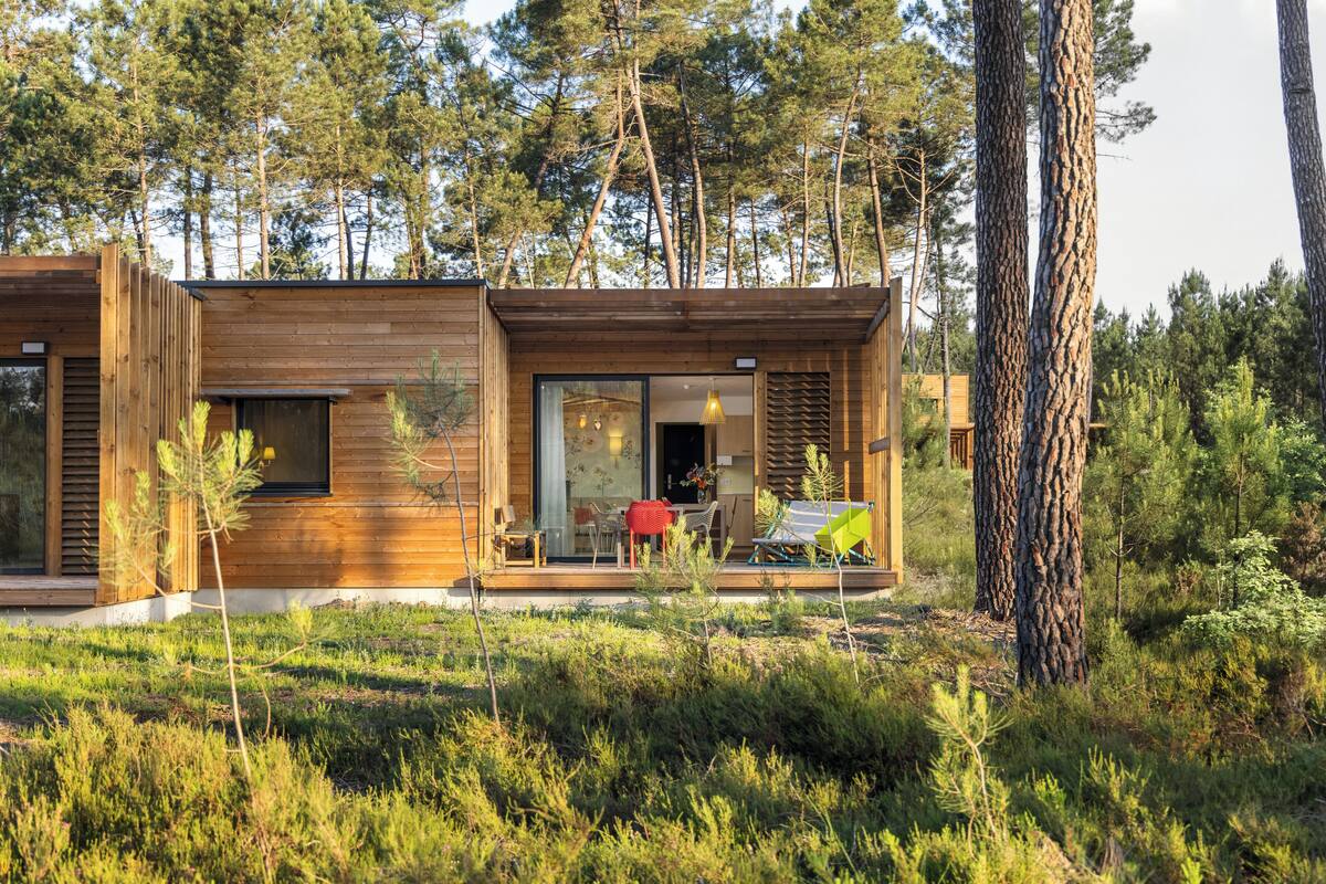 Een moderne chalet met een houten gevel, een glazen deuropening en een klein terras.