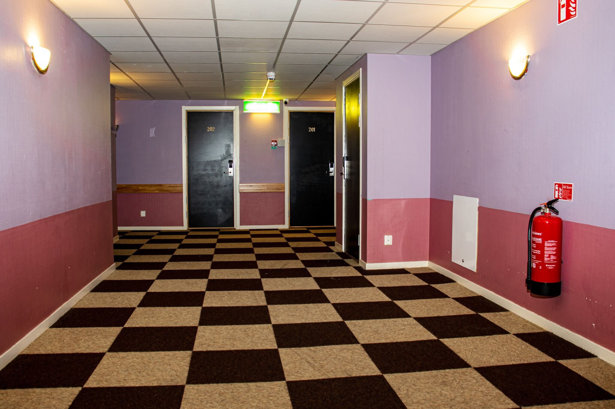 A hallway with a checkered floor, purple walls, and doors numbered 201 and 202.